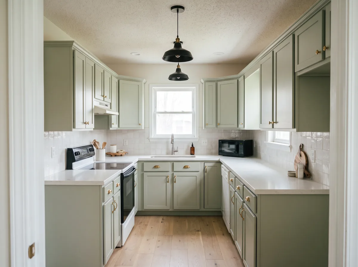 The same Wrenfield kitchen after the remodel: sage green cabinets, quartz counters, oak floor and pendant lights