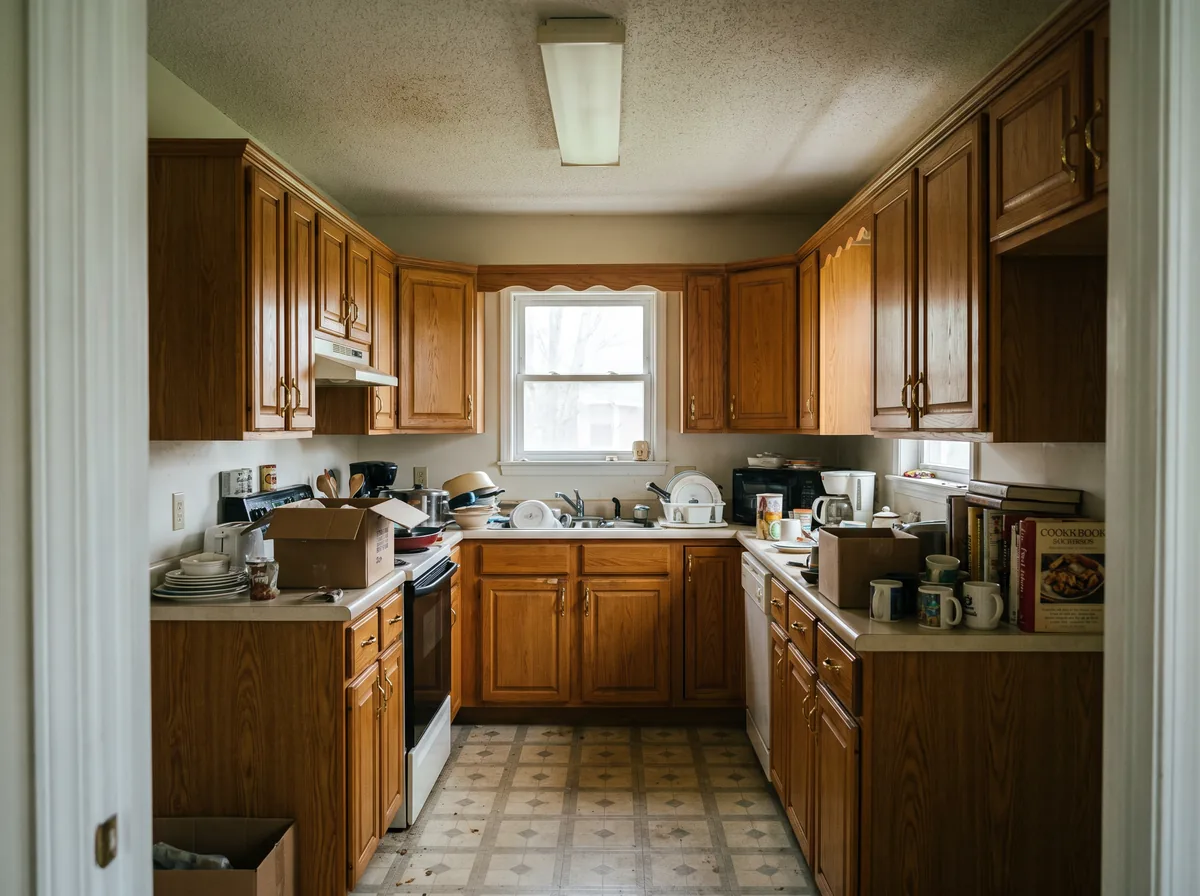 A Wrenfield kitchen before the remodel: honey oak cabinets, laminate counters, vinyl floor and a fluorescent light