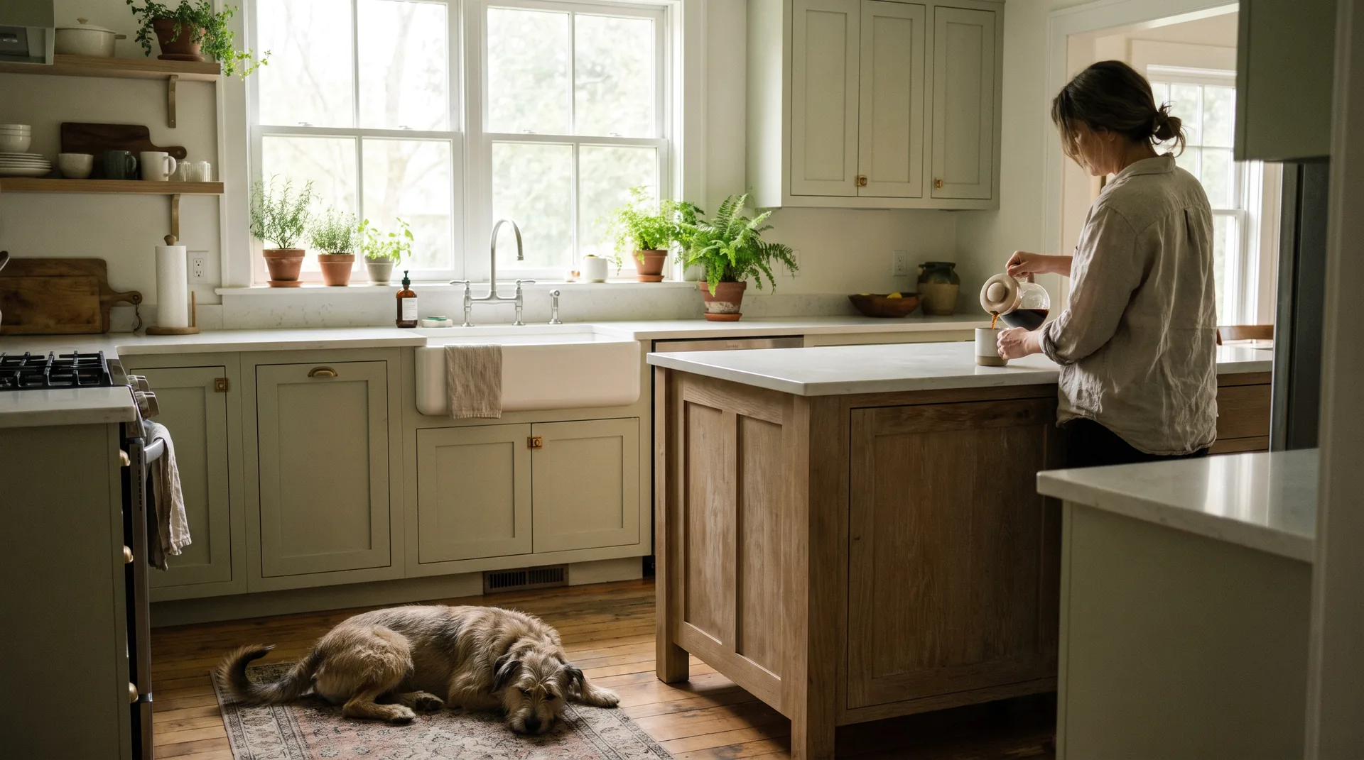 A remodeled kitchen in an older wood-frame house: sage green cabinets, a white oak island, morning light through a wide window, a woman pouring coffee, a dog asleep on the floor.