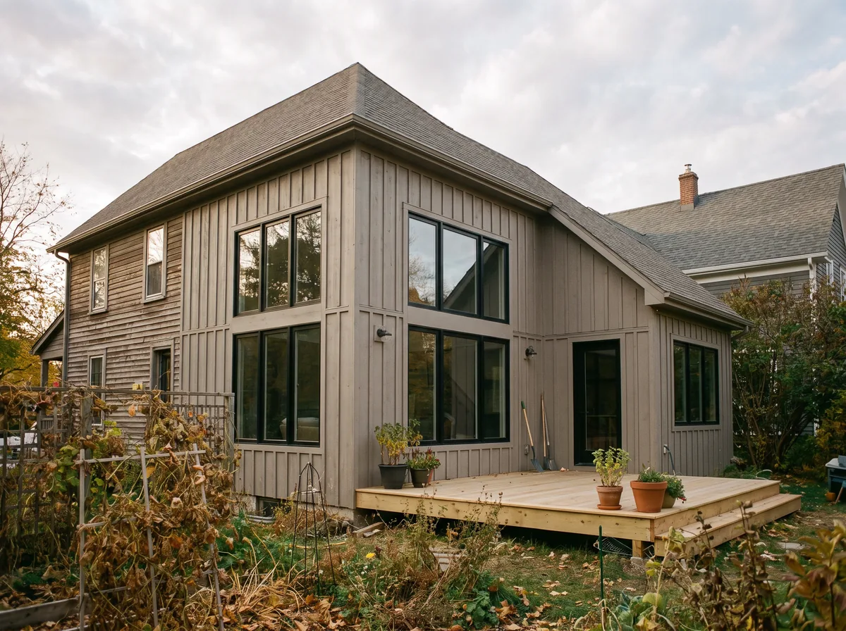 A two-storey rear addition with board-and-batten siding and black windows on an older house