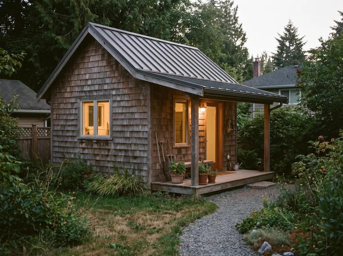 A small cedar-clad garden suite with a metal roof and a lit porch in a back garden at dusk