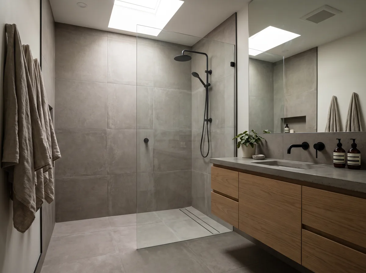 A curbless walk-in shower with grey porcelain tile, a skylight and a white oak floating vanity
