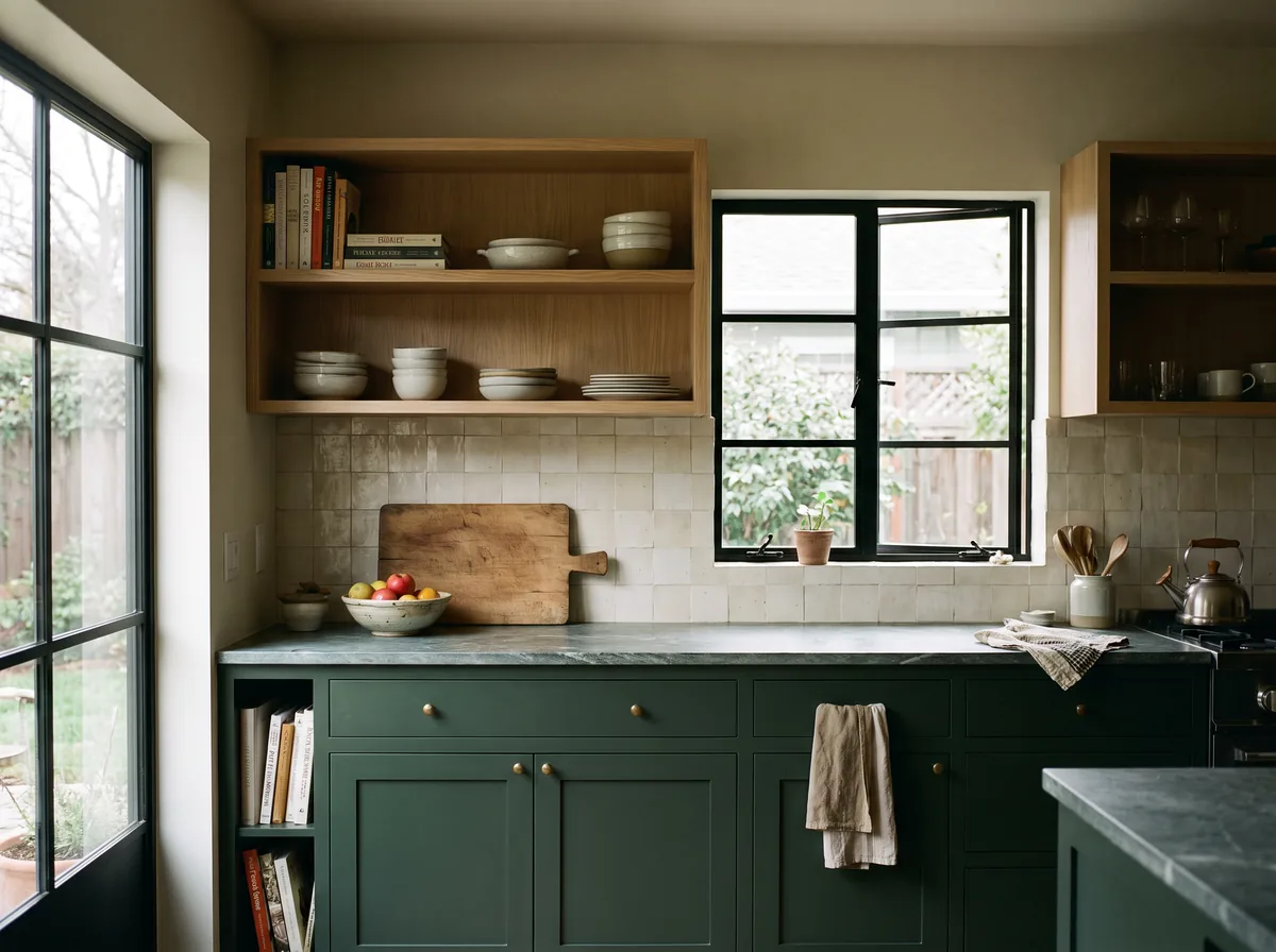 A finished kitchen with deep green lower cabinets, white oak uppers and a tiled backsplash