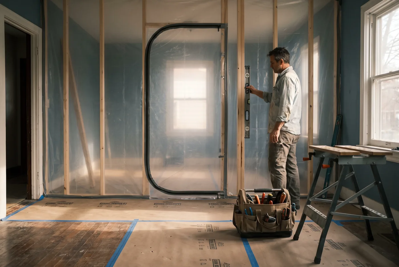 A house mid-remodel with a zipped plastic dust wall, taped floor protection and a carpenter checking new framing