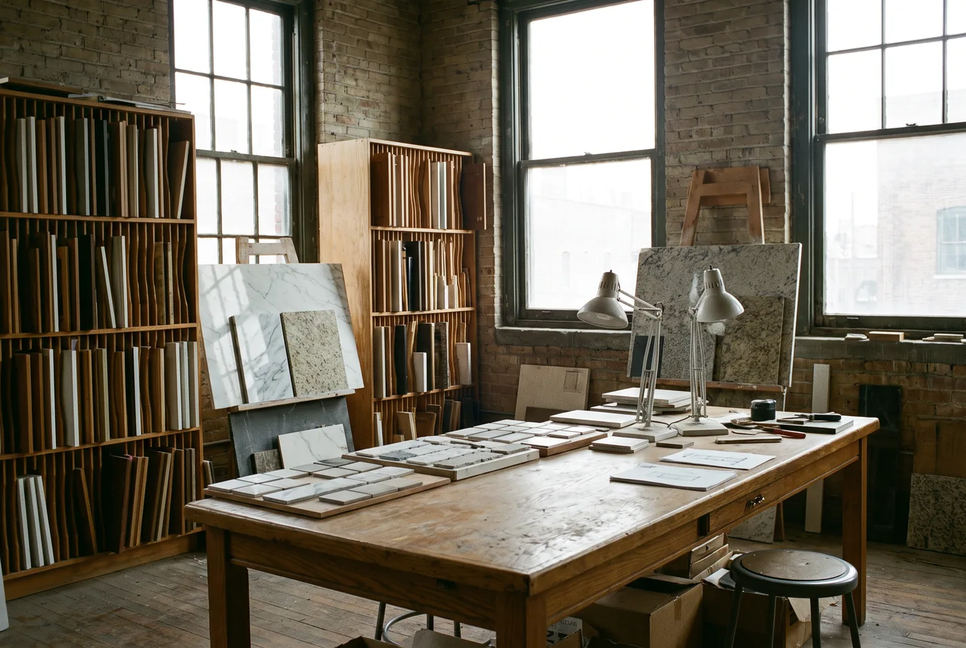The Kiln Street studio: racks of cabinet door samples, stone slabs on easels and a long oak table under daylight lamps